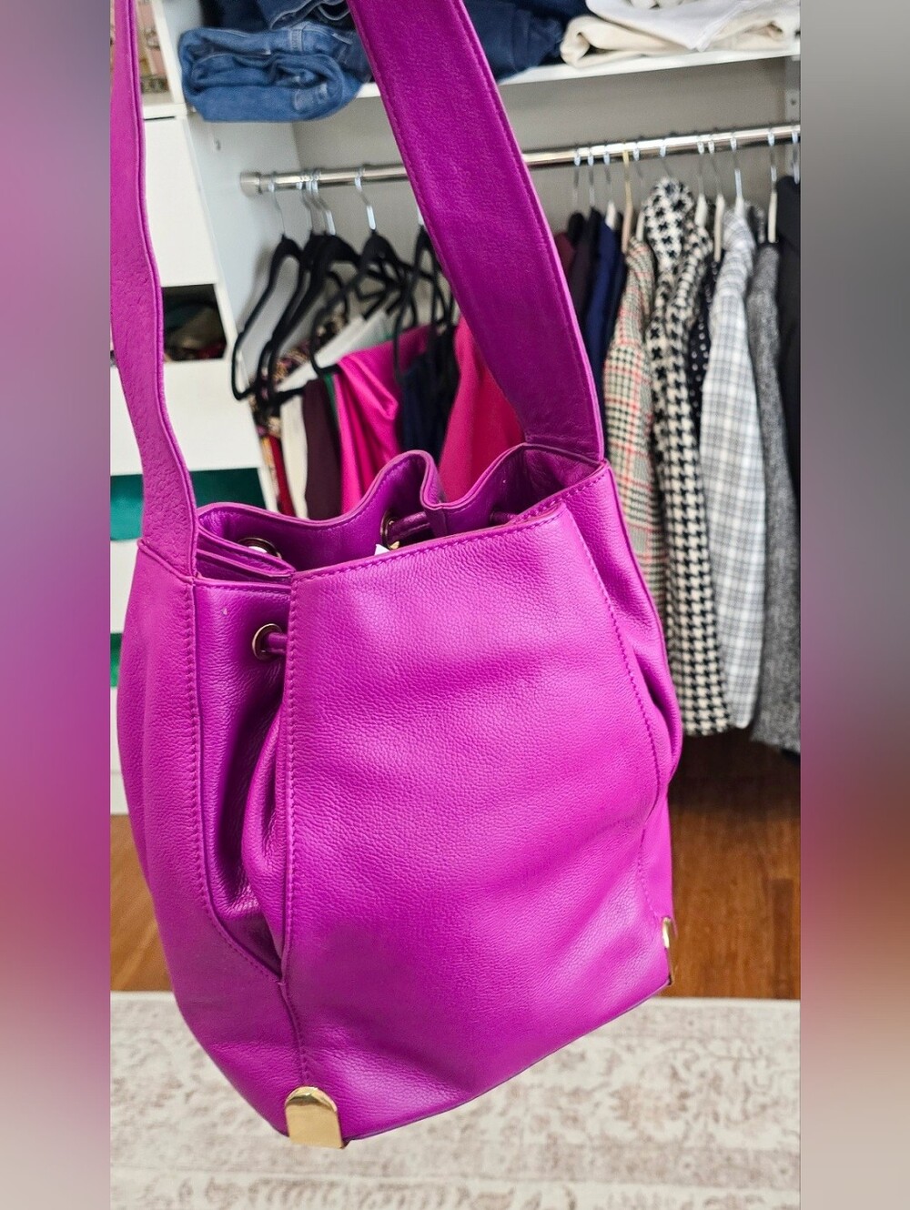Vince Camuto Women's Fuchsia Genuine Leather Drawstring Bucket Bag - Picture 7 of 9